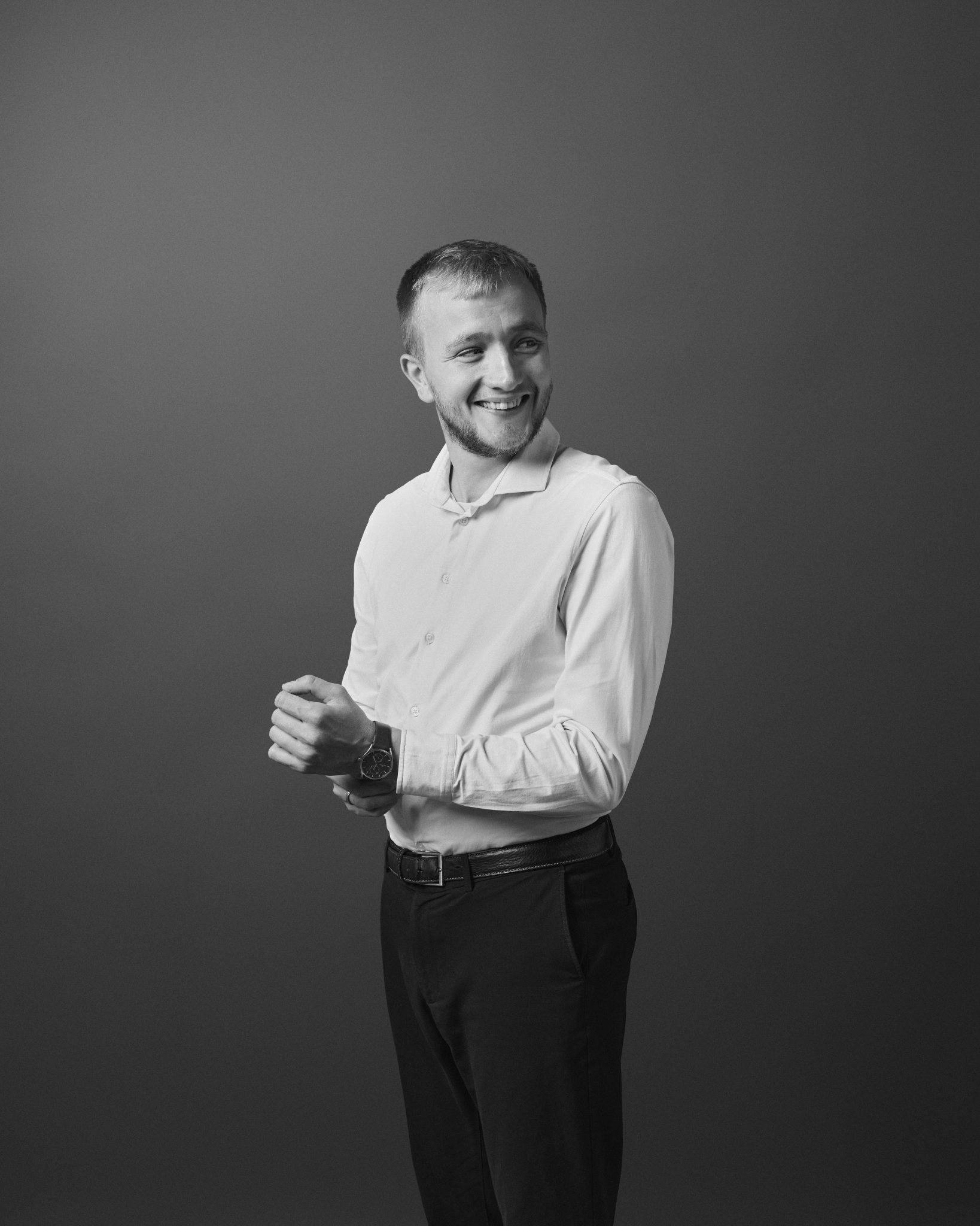 picture of Aksel, marketing and PR rep for GRID, in black and white.