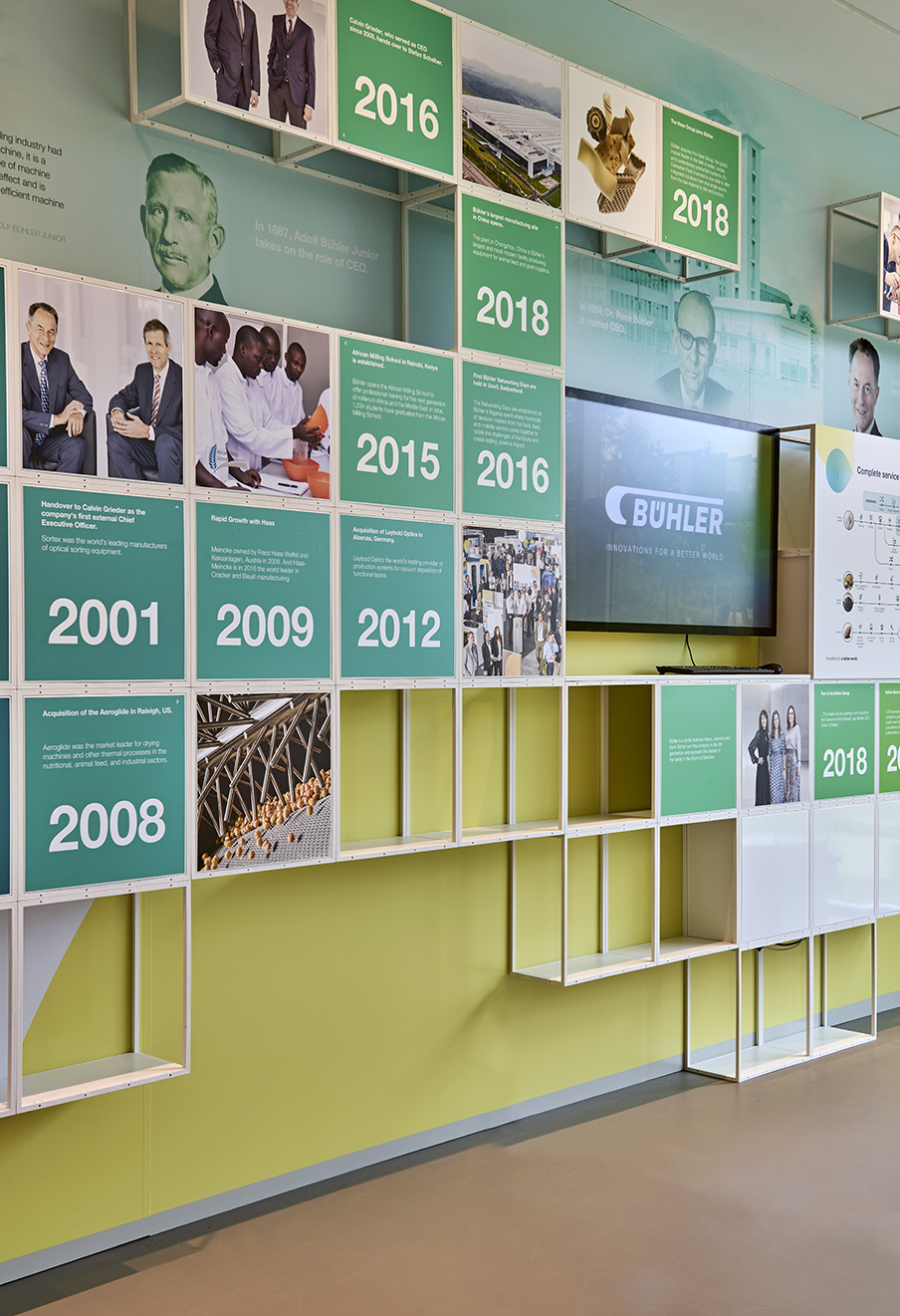 Closeup of display shelf and history wall.